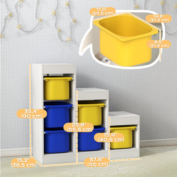 Étagère de rangement à 3 niveaux avec 6 bacs en plastique, jaune et bleu