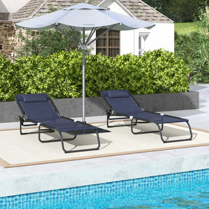 Lot de 2 chaises longues pliantes, réglables avec appui-tête, inclinables, bleu foncé