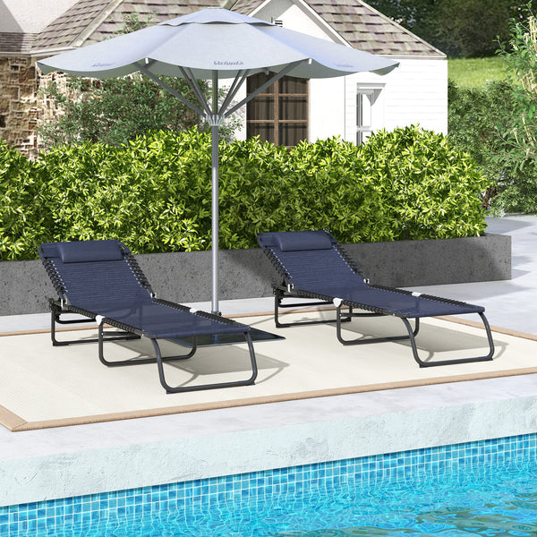 Lot de 2 chaises longues pliantes, réglables avec appui-tête, inclinables, bleu foncé