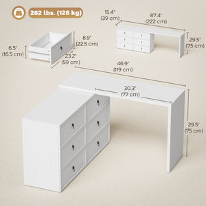 L Shaped Computer Desk Home Office Desk with 6 Drawers White Wood Grain