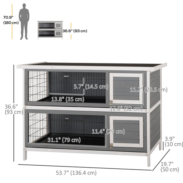 Clapier en bois à 2 niveaux pour lapins, gris