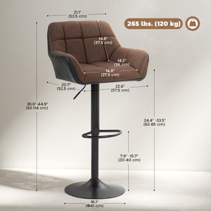 Set of 2 swivel bar stools with footrest, black and brown