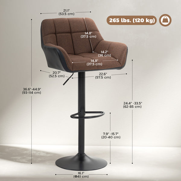 Set of 2 swivel bar stools with footrest, black and brown