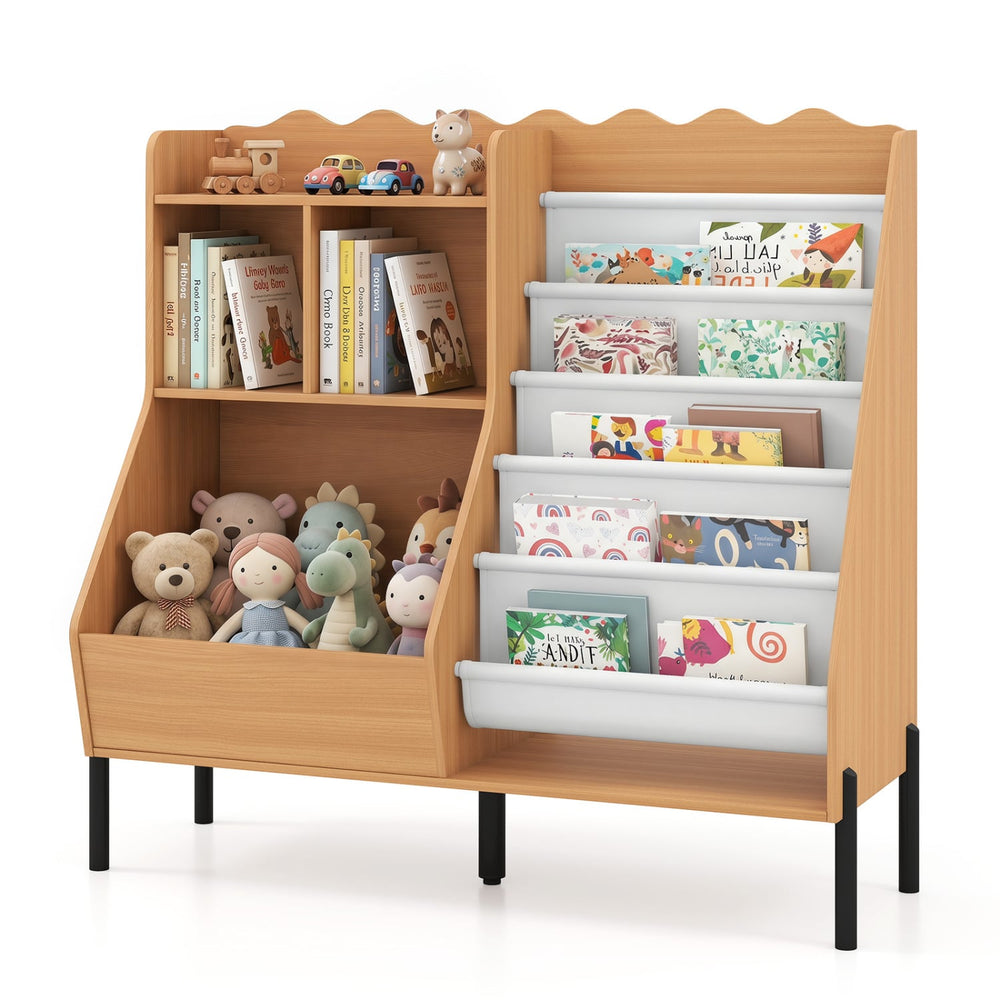 Children's bookcase and toy storage organizer wooden bookshelf with 5 fabric pockets - Natural