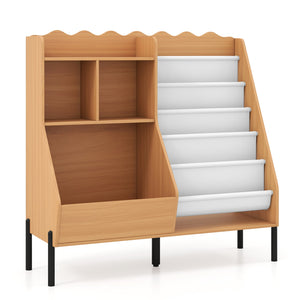 Children's bookcase and toy storage organizer wooden bookshelf with 5 fabric pockets - Natural