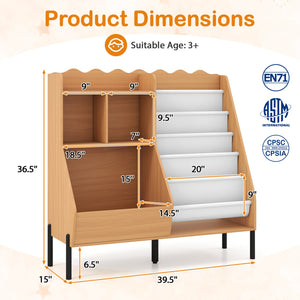 Children's bookcase and toy storage organizer wooden bookshelf with 5 fabric pockets - Natural
