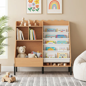 Children's bookcase and toy storage organizer wooden bookshelf with 5 fabric pockets - Natural
