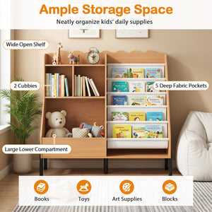 Children's bookcase and toy storage organizer wooden bookshelf with 5 fabric pockets - Natural