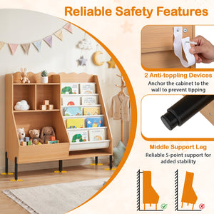 Children's bookcase and toy storage organizer wooden bookshelf with 5 fabric pockets - Natural