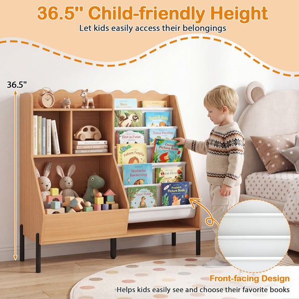 Children's bookcase and toy storage organizer wooden bookshelf with 5 fabric pockets - Natural