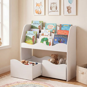 Wooden children's toy storage organizer with 2 rolling drawers for kids' bedroom - White