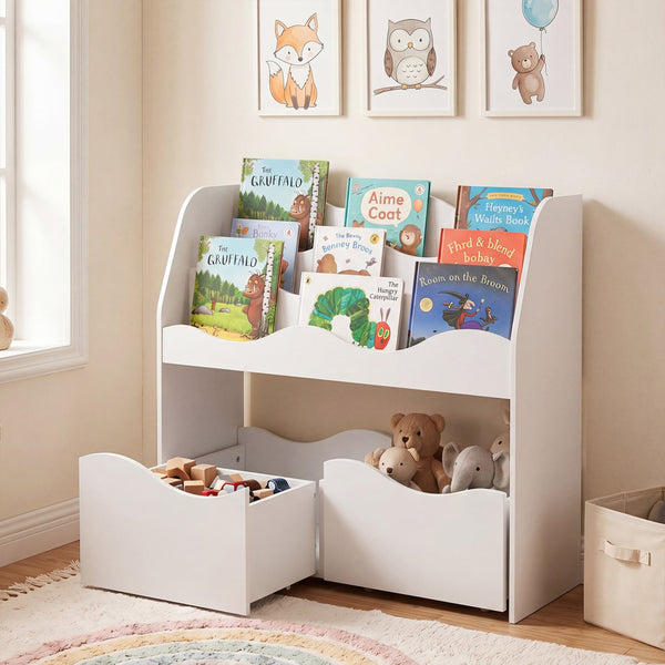 Wooden children's toy storage organizer with 2 rolling drawers for kids' bedroom - White