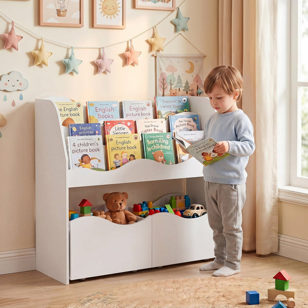 Wooden children's toy storage organizer with 2 rolling drawers for kids' bedroom - White