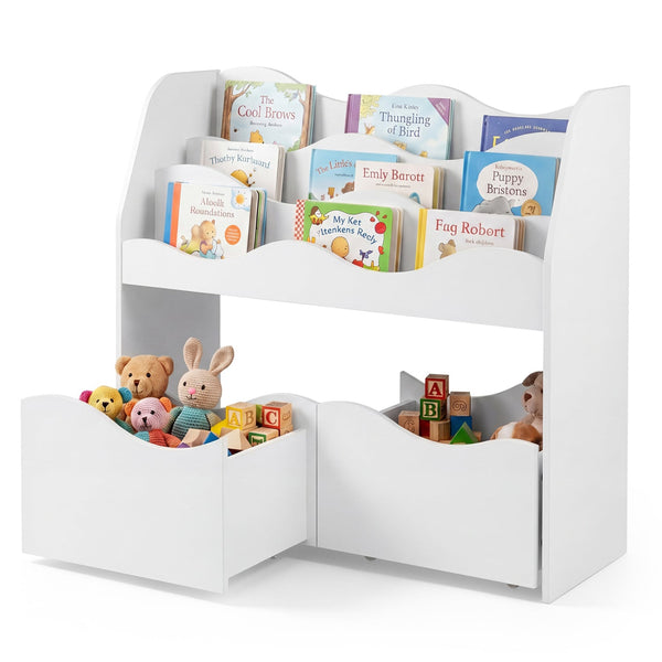 Wooden children's toy storage organizer with 2 rolling drawers for kids' bedroom - White