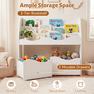 Wooden children's toy storage organizer with 2 rolling drawers for kids' bedroom - White