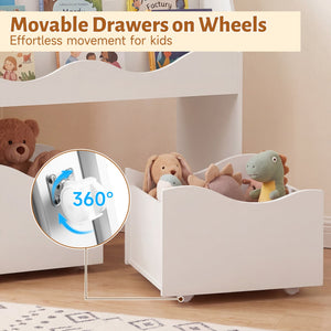 Wooden children's toy storage organizer with 2 rolling drawers for kids' bedroom - White