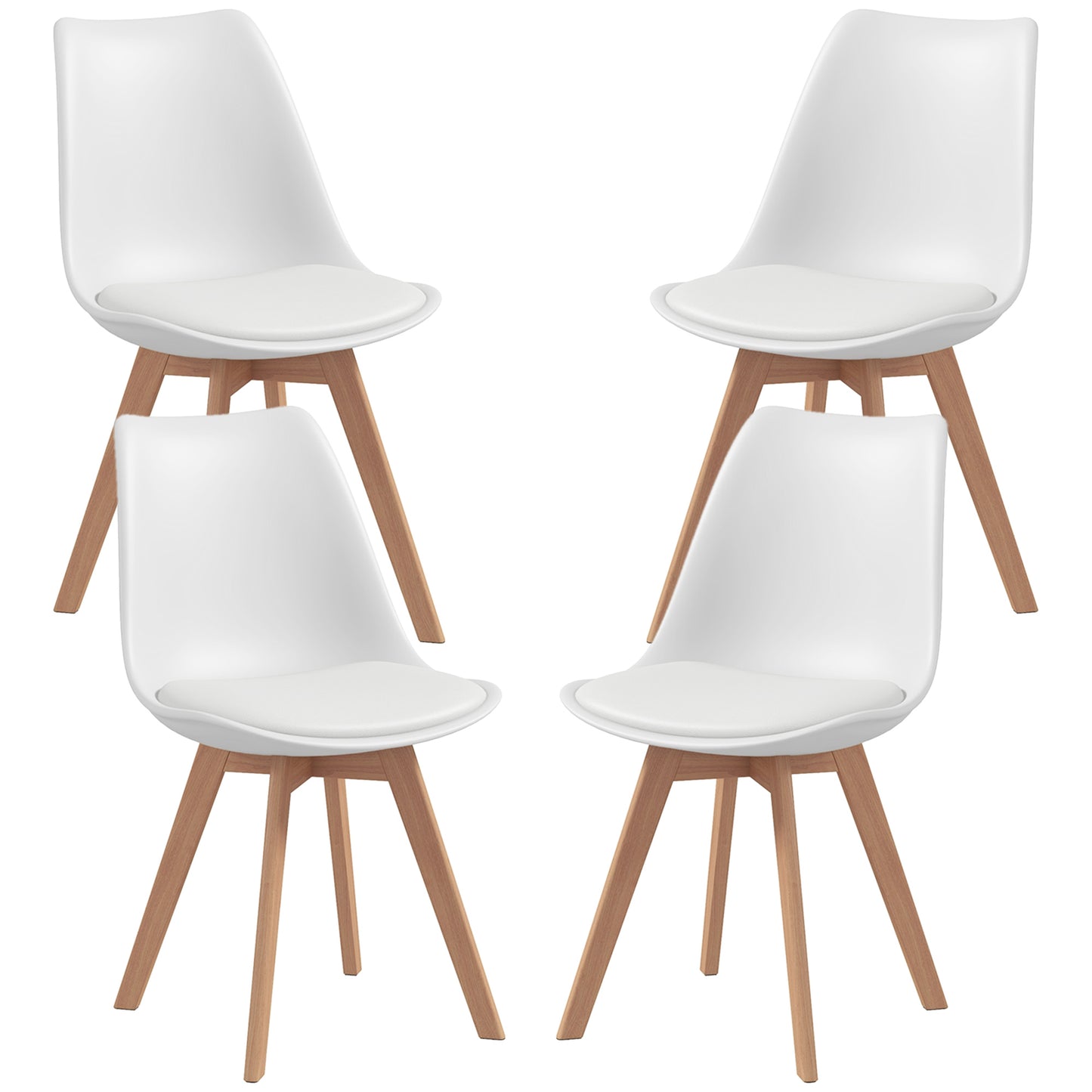 Lot de 4 chaises de salle à manger modernes en bois d'hévéa avec coussin en cuir synthétique, blanc