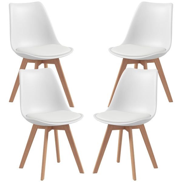 Lot de 4 chaises de salle à manger modernes en bois d'hévéa avec coussin en cuir synthétique, blanc