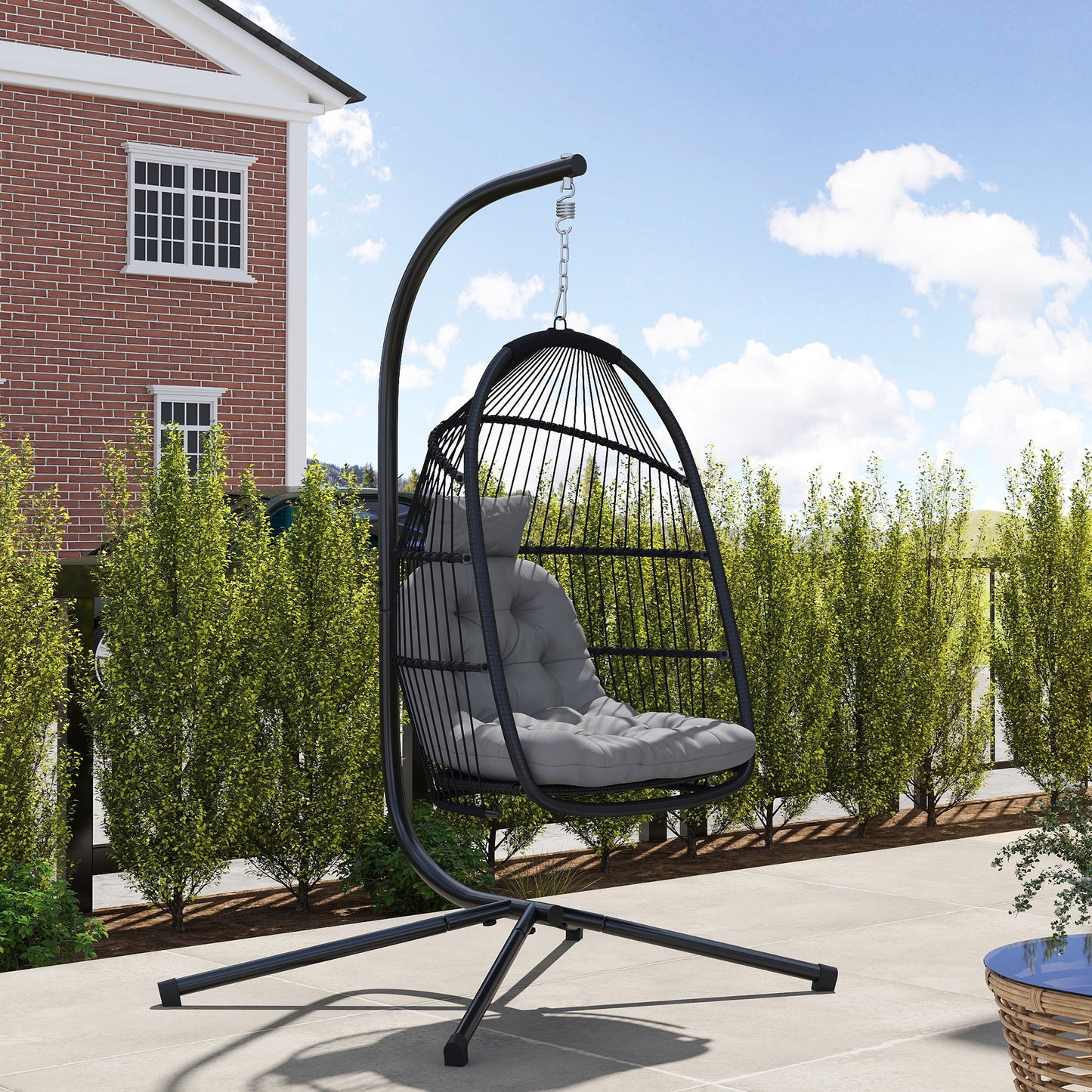 Outsunny Wicker Swing with Stand, Foldable and Hanging, UV Resistant Cushion and Headrest, Dark Grey