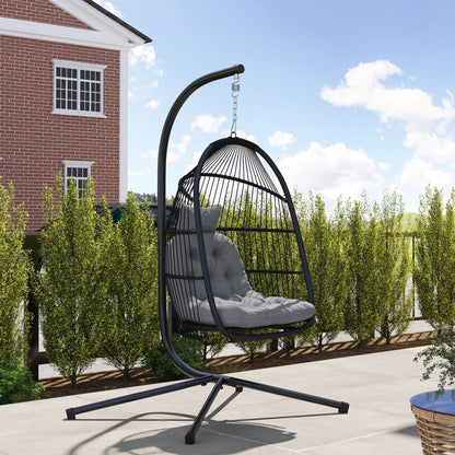 Outsunny Wicker Swing with Stand, Foldable and Hanging, UV Resistant Cushion and Headrest, Dark Grey