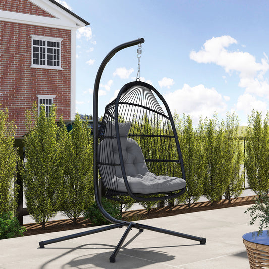 Outsunny Wicker Swing with Stand, Foldable and Hanging, UV Resistant Cushion and Headrest, Dark Grey