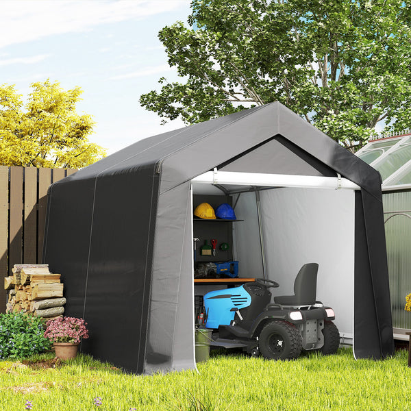 Portable garden shed with roll-up door, dark grey