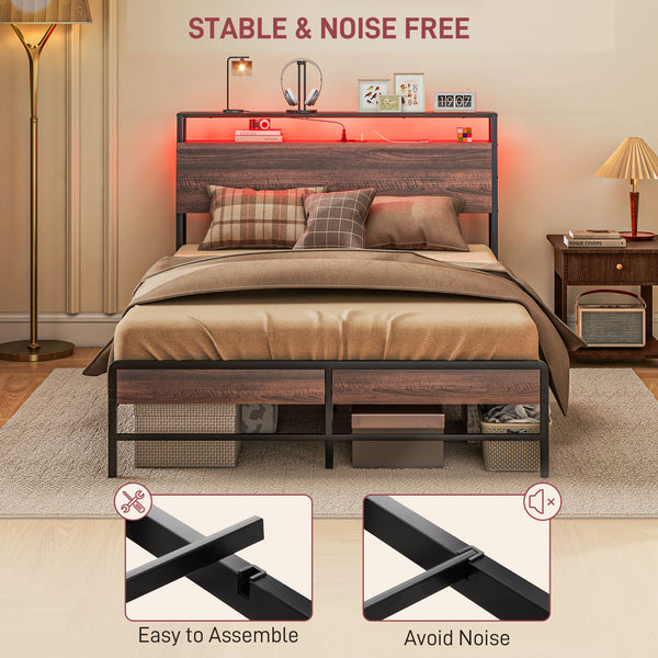 Cadre de lit double avec éclairage LED et station de charge avec tête de lit de rangement, noyer