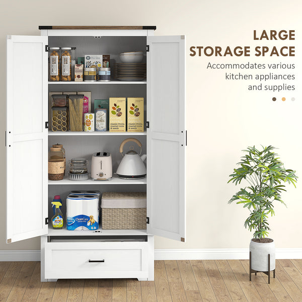 Country style pantry cabinet with 2 doors, drawer and adjustable shelves, white