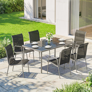 7-piece garden dining set, including a rectangular table and 6 stackable chairs.