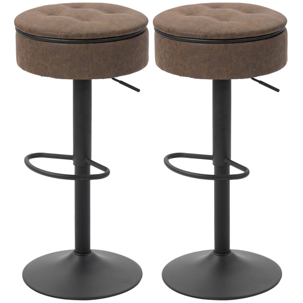 Set of 2 swivel bar stools with storage, faux leather upholstery, footrest, steel base, brown