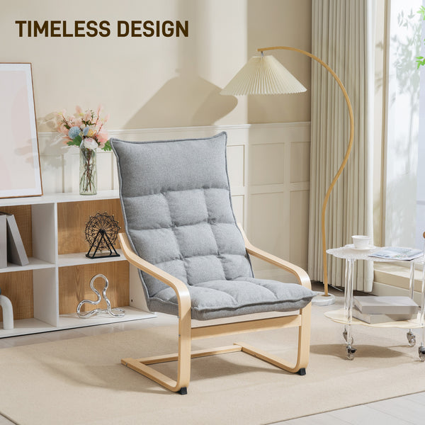 Fauteuil moderne rembourré avec pieds et accoudoirs incurvés, gris clair
