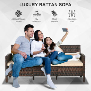 Three-seater sofa in woven resin with removable cushions, brown
