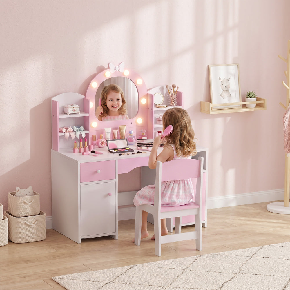 Coiffeuse enfant avec miroir éclairé et siège, rose