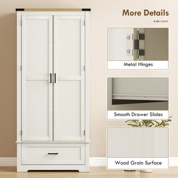 Armoire de cuisine de style ferme avec 2 portes, un tiroir et des étagères réglables, blanc crème