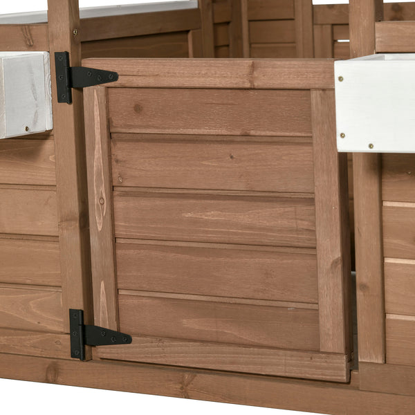 Maisonnette de jeux en bois avec cache-pot, porte et fenêtres fonctionnelles, marron