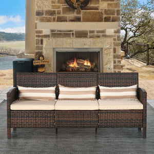 Three-seater sofa in woven resin with removable cushions, brown