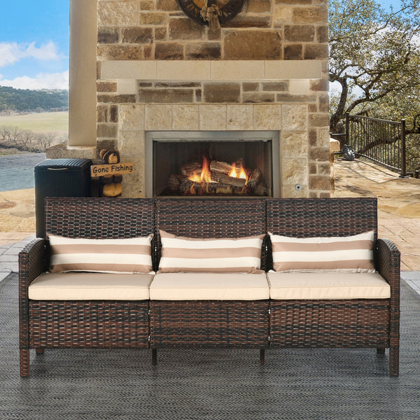 Three-seater sofa in woven resin with removable cushions, brown