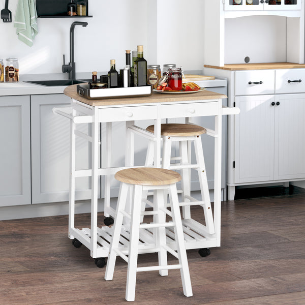 3-piece kitchen trolley including a drop-leaf breakfast table and 2 stools, in wood and white.