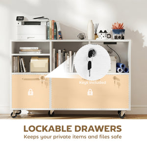Mobile File Cabinet, 2-Drawer Lateral Filing Cabinet Printer Stand with Lock, Charging Station, Hanging Bars, White