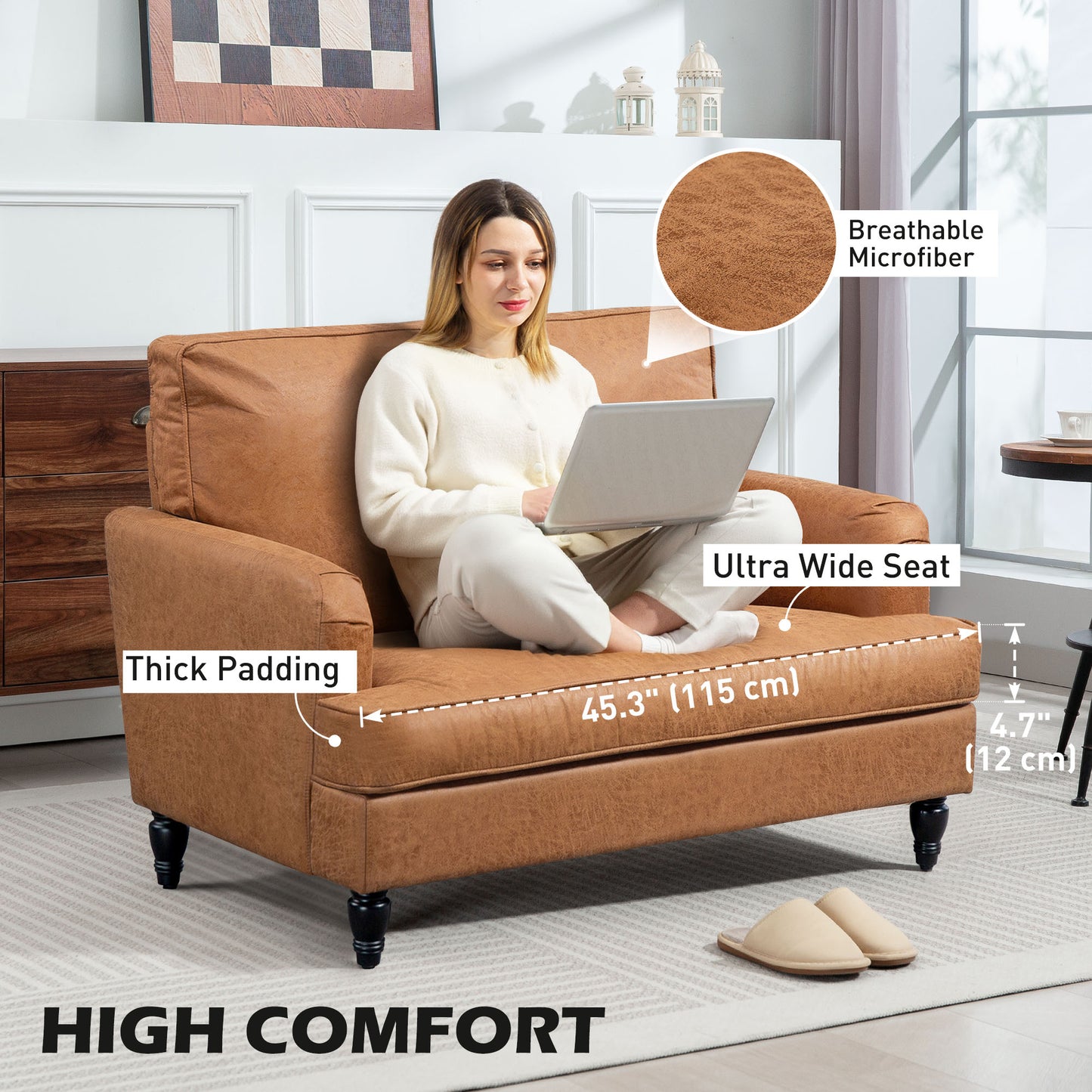 HOMCOM Modern Accent Chair, Microfiber Fabric Armchair with Turned Legs and Wide Seat, Comfortable Armchair for Living Room, Brown