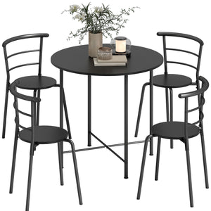 Dining set for 4 people with metal frame, black wood finish.