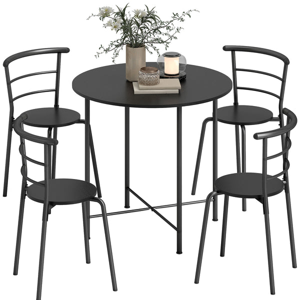 Dining set for 4 people with metal frame, black wood finish.