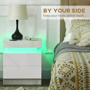 Table de chevet avec éclairage LED et 2 tiroirs pour chambre ou salon, blanche