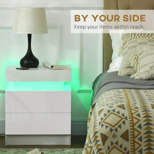 Table de chevet avec éclairage LED et 2 tiroirs pour chambre ou salon, blanche