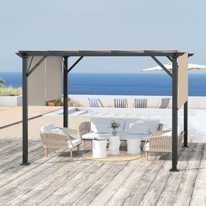 Pergola 10 x 12 avec toit rétractable, structure en acier et piquets, beige