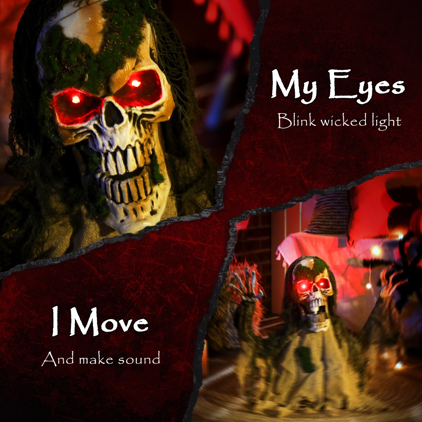 Squelette animé d'Halloween avec yeux LED lumineux, décorations d'Halloween animatroniques, à piles