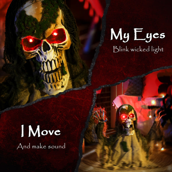 Squelette animé d'Halloween avec yeux LED lumineux, décorations d'Halloween animatroniques, à piles