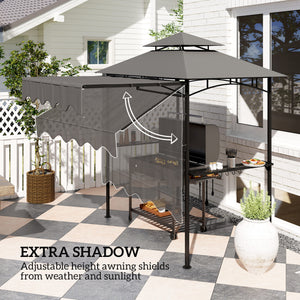 8' x 5' Grill Gazebo, Double Tiered Barbecue Grill Gazebo Shelter with Side Awning, 2 Side Shelves, 6 Hooks, Dark Grey