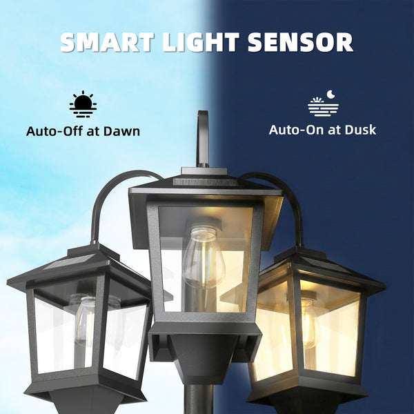74" 3-Head Solar Streetlight, IP44 Waterproof, with Automatic Dusk-to-Dawn Sensor.