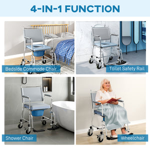Chaise de douche 4 en 1 sur roulettes avec siège rembourré et seau – Gris
